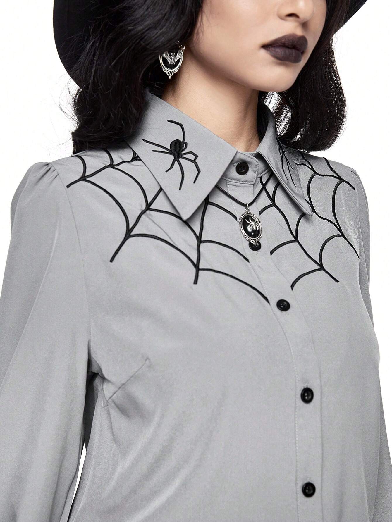 Gothic Spiderweb İşlemeli Kadın Gömlek, İç Katman Olarak Giyilebilir