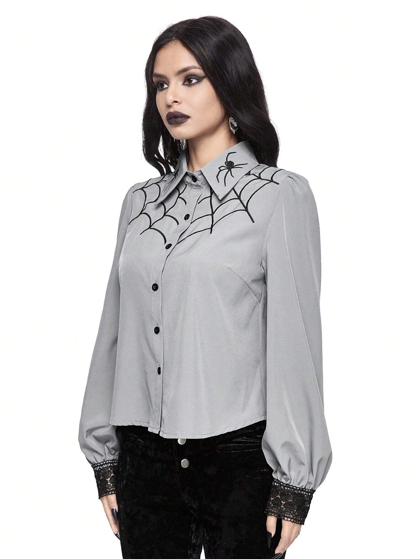 Gothic Spiderweb İşlemeli Kadın Gömlek, İç Katman Olarak Giyilebilir
