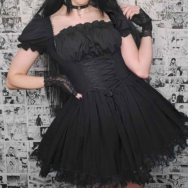 Dark Collective Gotik Lolita Siyah Elbise - Dantel Detaylı Mini Elbise