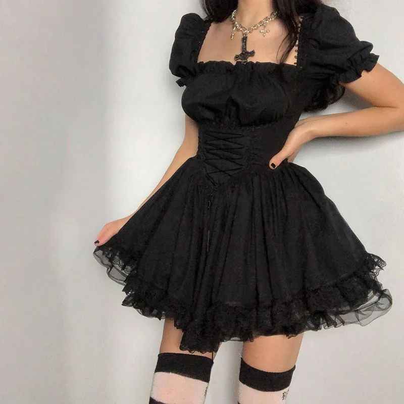 Dark Collective Gotik Lolita Siyah Elbise - Dantel Detaylı Mini Elbise