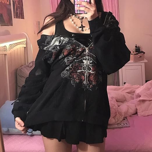 Kapüşonlu Grunge Peri Fermuarlı Hırka