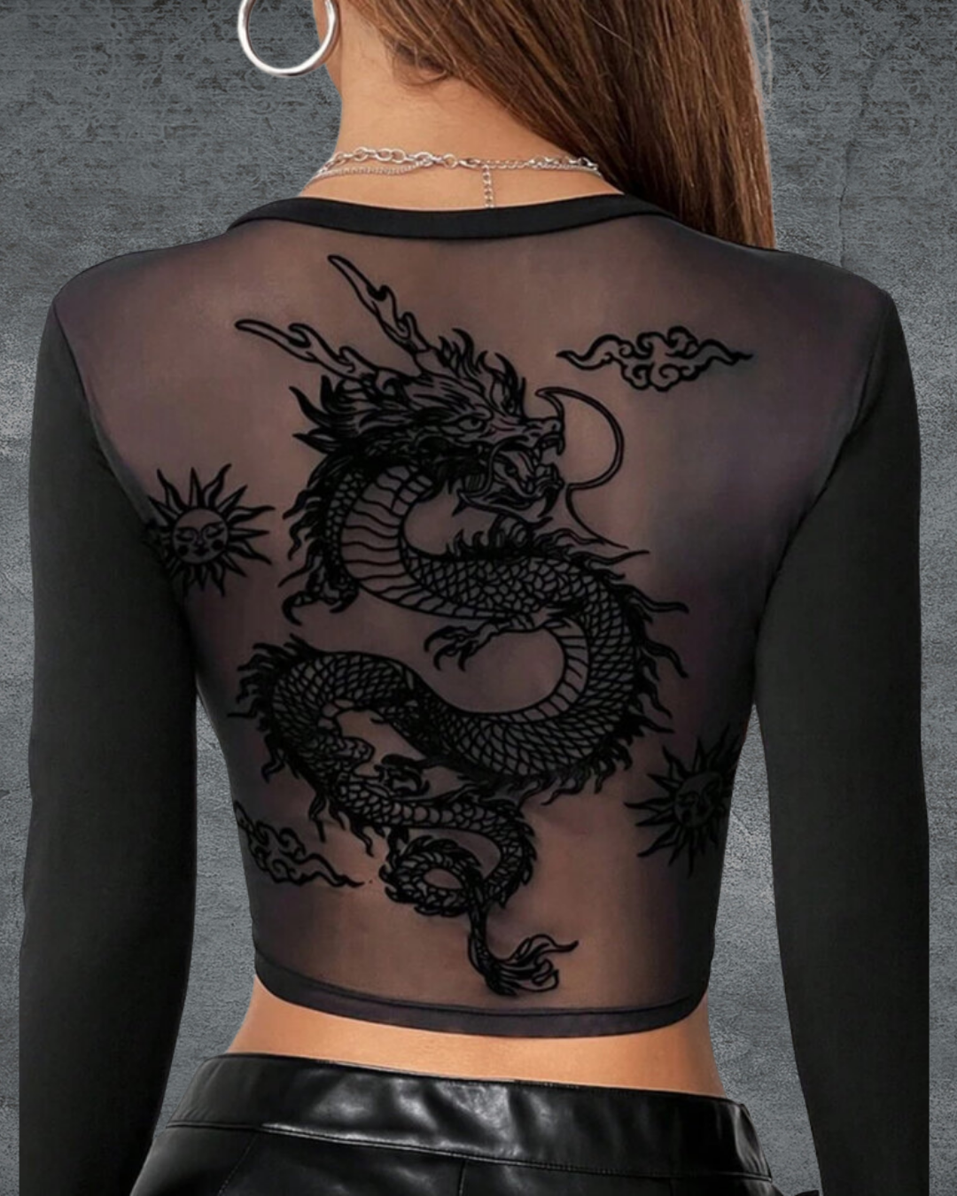 Gothic Y2K Chinese Dragon Sexy Crop- Siyah