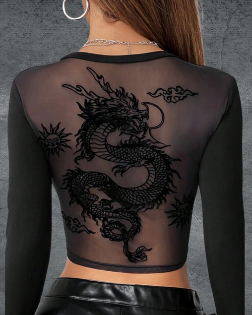 Gothic Y2K Chinese Dragon Sexy Crop- Siyah