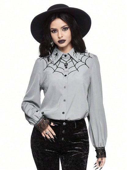 Gothic Spiderweb İşlemeli Kadın Gömlek, İç Katman Olarak Giyilebilir