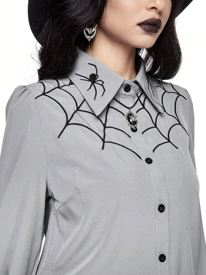 Gothic Spiderweb İşlemeli Kadın Gömlek, İç Katman Olarak Giyilebilir