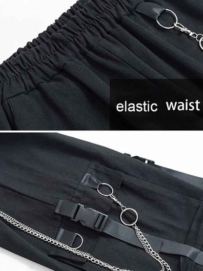 Siyah Zincir Detaylı Gotik Kargo Pantolon - Punk Jogger Kadın Pantolonu