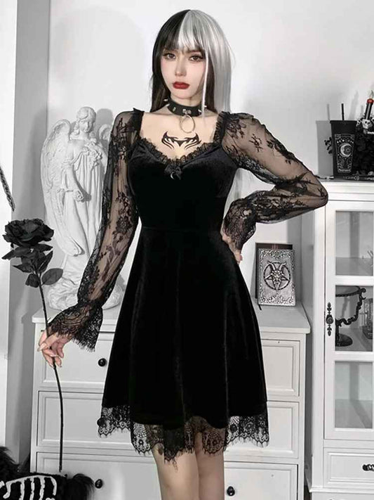 Siyah Kadife Dantel Gotik Elbise - Lolita Tarzı Asimetrik Kadın Elbisesi