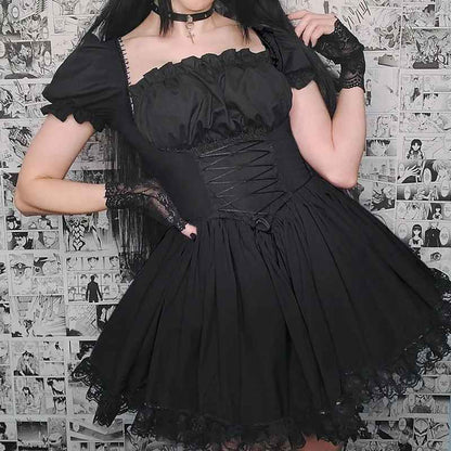 Dark Collective Gotik Lolita Siyah Elbise - Dantel Detaylı Mini Elbise