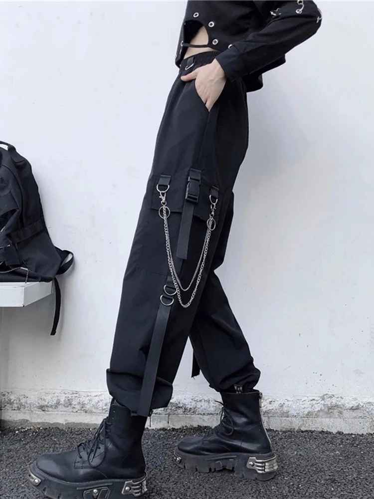 Siyah Zincir Detaylı Gotik Kargo Pantolon - Punk Jogger Kadın Pantolonu
