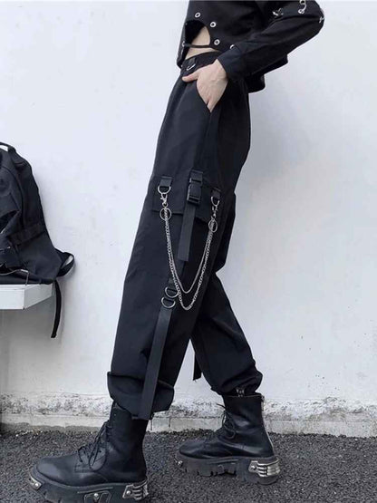 Siyah Zincir Detaylı Gotik Kargo Pantolon - Punk Jogger Kadın Pantolonu