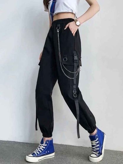 Siyah Zincir Detaylı Gotik Kargo Pantolon - Punk Jogger Kadın Pantolonu