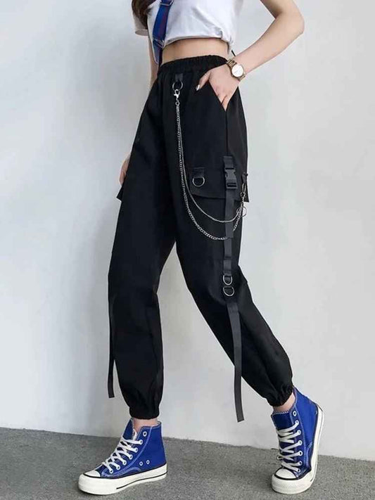 Siyah Zincir Detaylı Gotik Kargo Pantolon - Punk Jogger Kadın Pantolonu