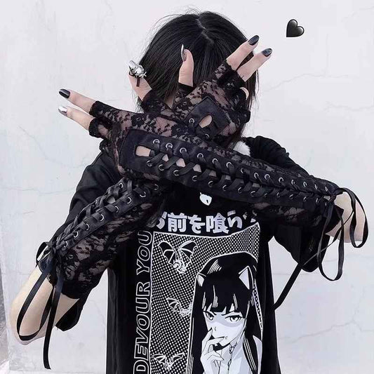Dark Collective Gotik Dantel Uzun Eldiven - Siyah File Cosplay Aksesuar