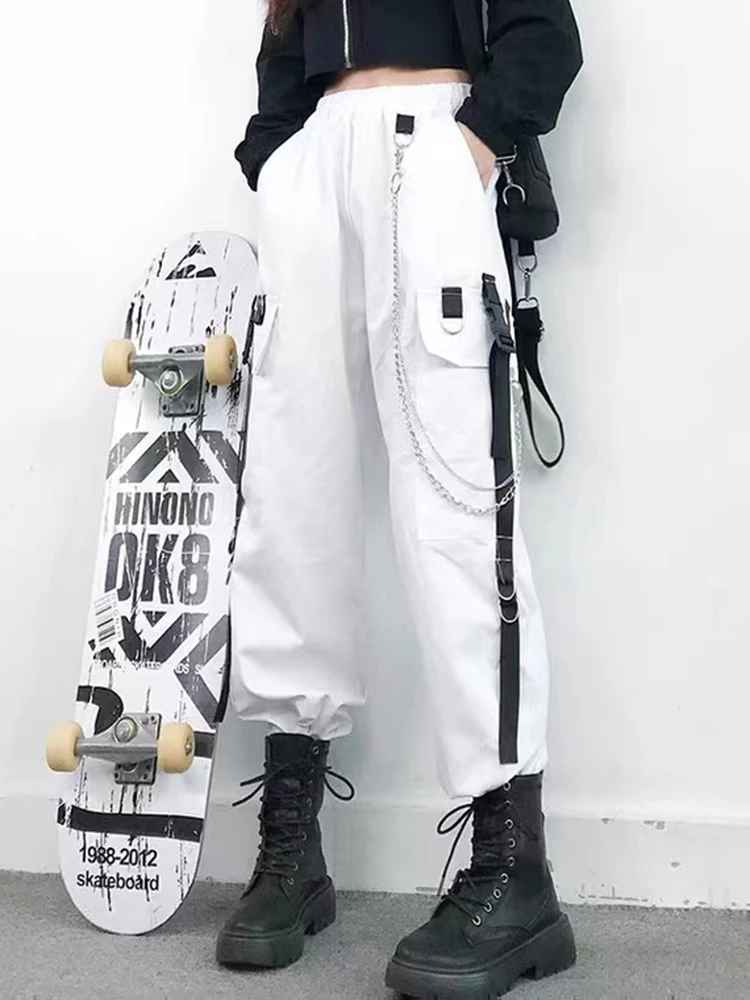 Siyah Zincir Detaylı Gotik Kargo Pantolon - Punk Jogger Kadın Pantolonu