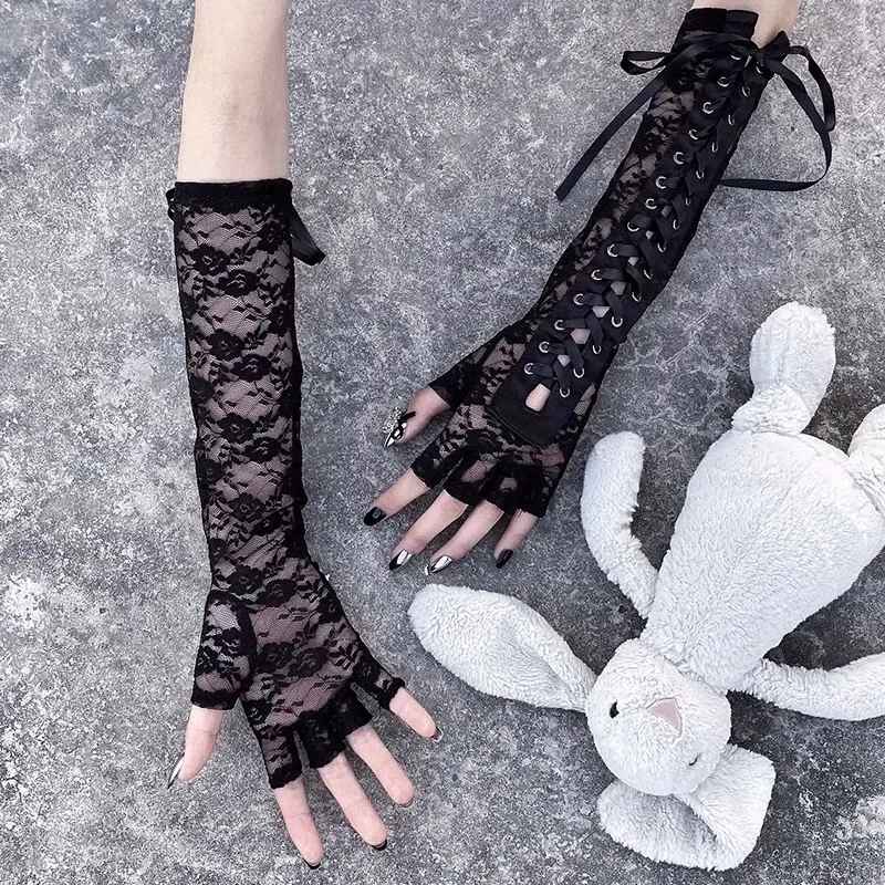 Dark Collective Gotik Dantel Uzun Eldiven - Siyah File Cosplay Aksesuar