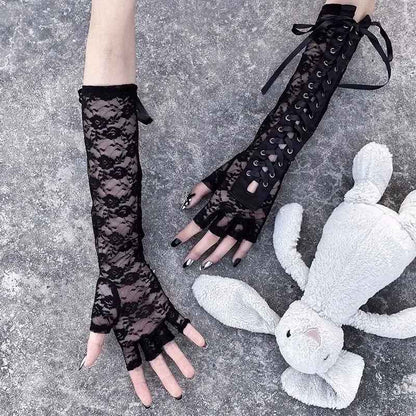 Dark Collective Gotik Dantel Uzun Eldiven - Siyah File Cosplay Aksesuar