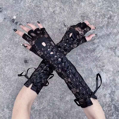 Dark Collective Gotik Dantel Uzun Eldiven - Siyah File Cosplay Aksesuar