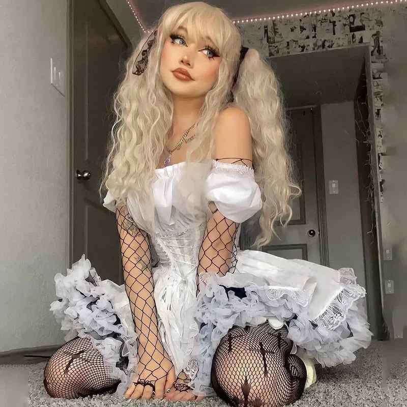 Siyah ve Beyaz Dantel Puf Kollu Gotik Elbise - Harajuku Düşük Omuz Kadın Elbisesi