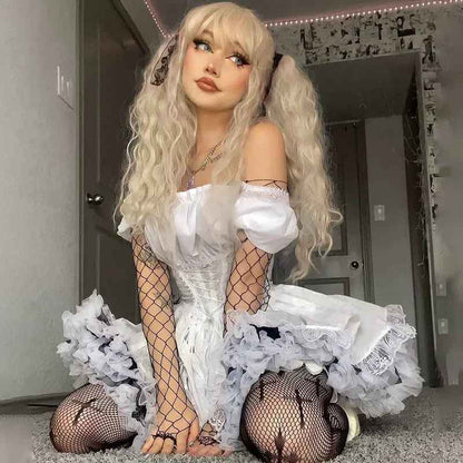 Siyah ve Beyaz Dantel Puf Kollu Gotik Elbise - Harajuku Düşük Omuz Kadın Elbisesi