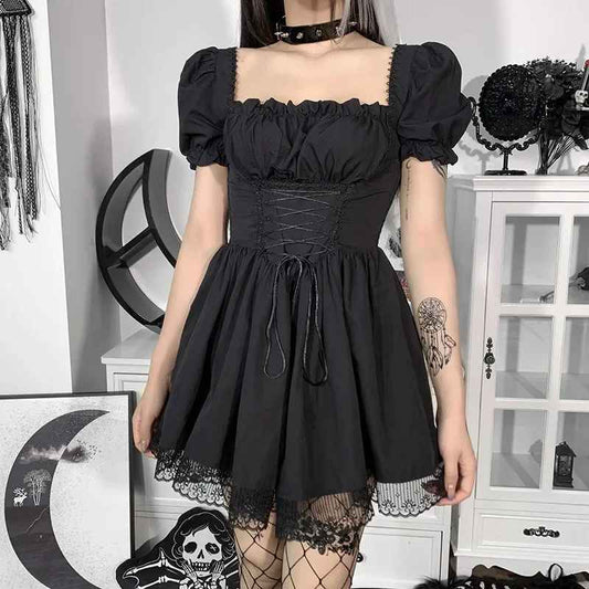 Siyah ve Beyaz Dantel Puf Kollu Gotik Elbise - Harajuku Düşük Omuz Kadın Elbisesi
