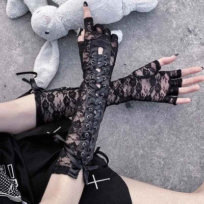 Dark Collective Gotik Dantel Uzun Eldiven - Siyah File Cosplay Aksesuar