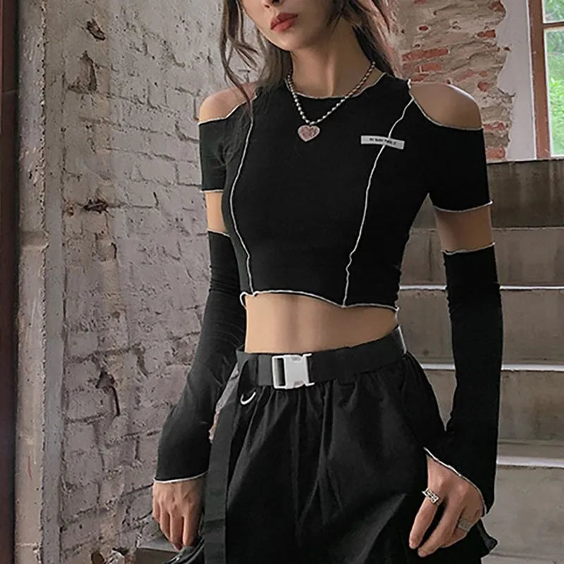 Siyah Açık Omuz Gotik Punk Crop Top - Kadın Techwear Üst