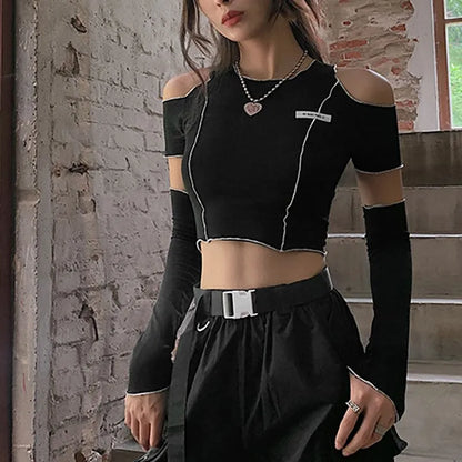 Siyah Açık Omuz Gotik Punk Crop Top - Kadın Techwear Üst