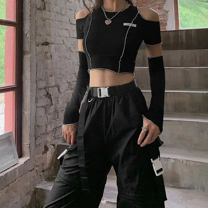 Siyah Açık Omuz Gotik Punk Crop Top - Kadın Techwear Üst