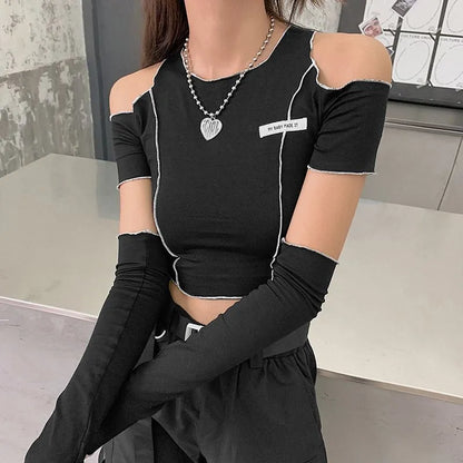 Siyah Açık Omuz Gotik Punk Crop Top - Kadın Techwear Üst
