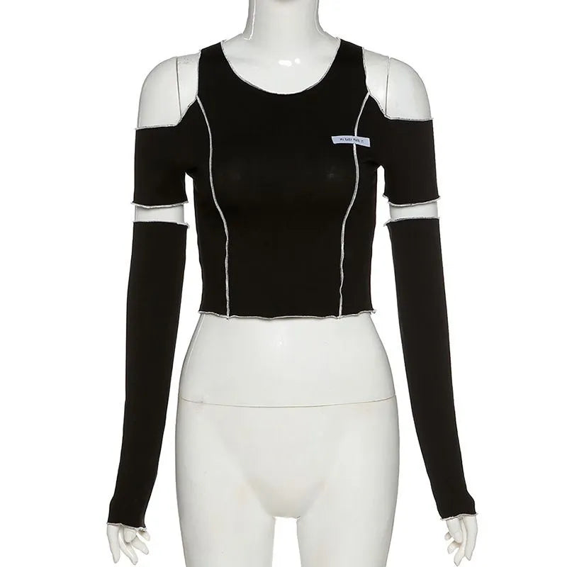 Siyah Açık Omuz Gotik Punk Crop Top - Kadın Techwear Üst