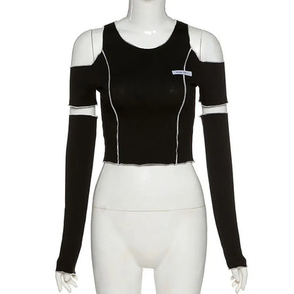 Siyah Açık Omuz Gotik Punk Crop Top - Kadın Techwear Üst